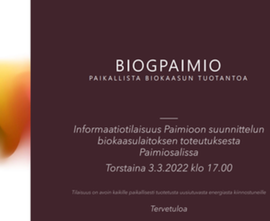 Infotilaisuus biokaasulaitoksen toteuttamisesta Paimiosalissa 3.3.2022